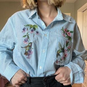 Vintage, blue-striped button down with floral design